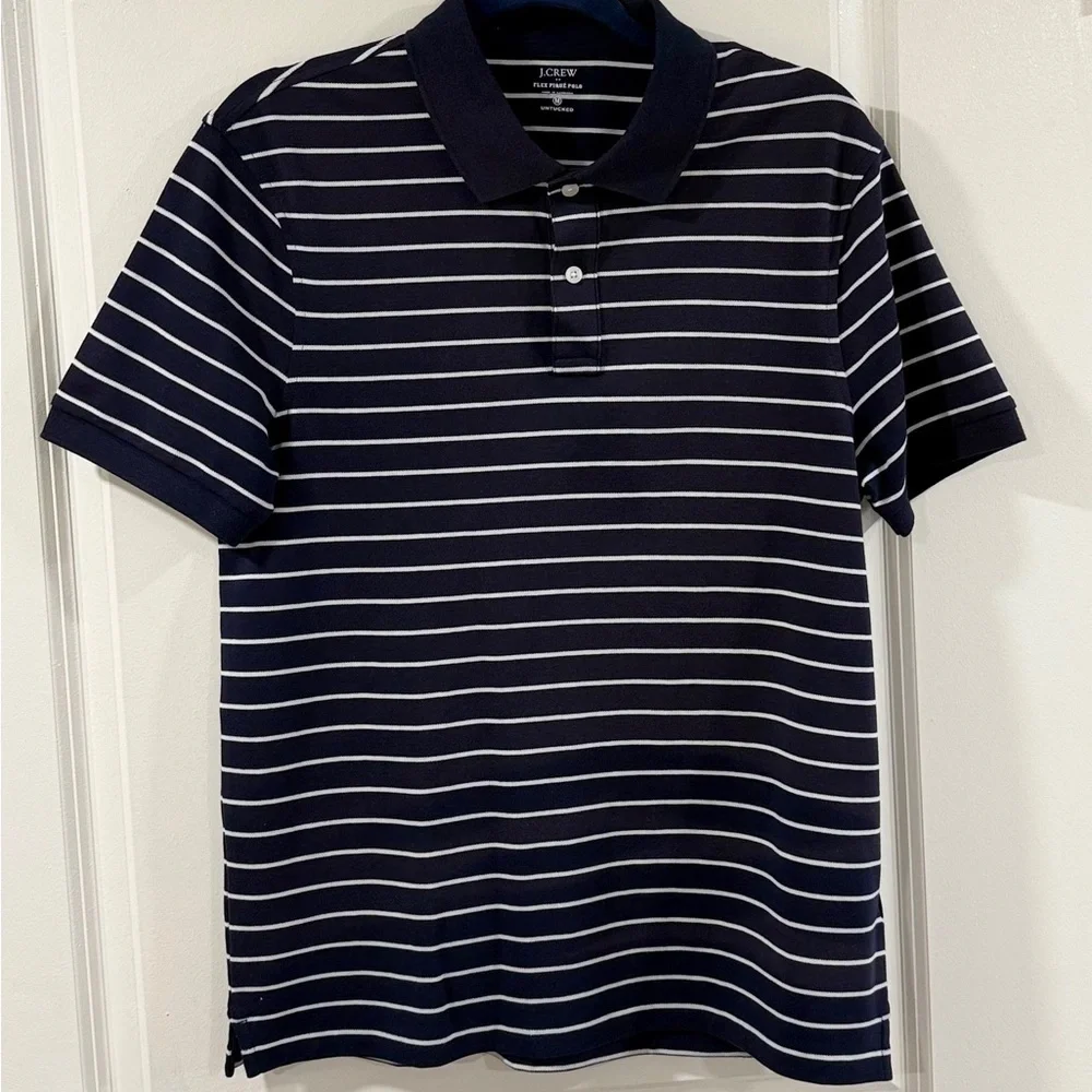 J.Crew Flex Pique Polo Shirt Men Medium Navy White Stripe Stretch Cotton NWT